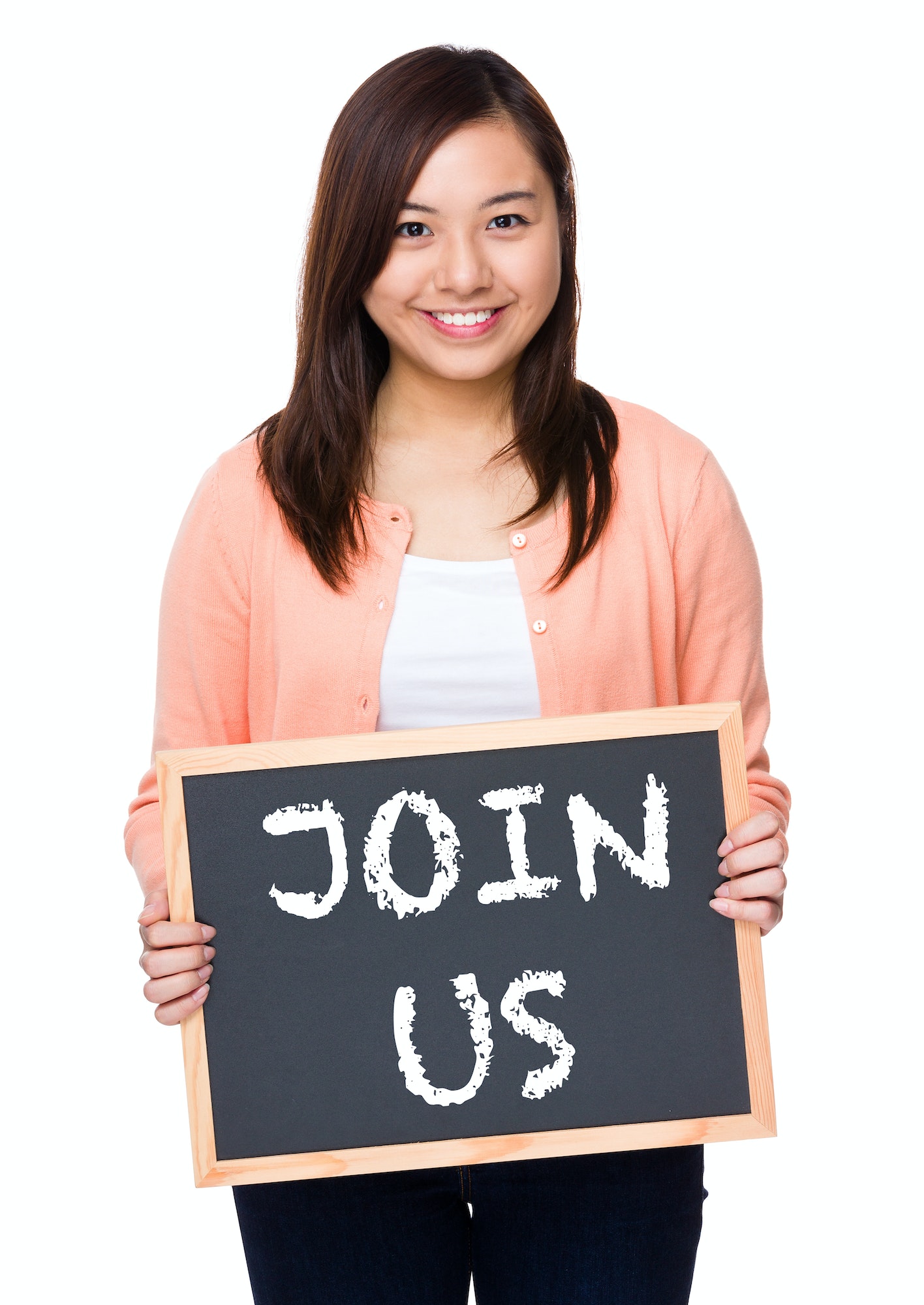 Asian woman with black board showing phrase join us